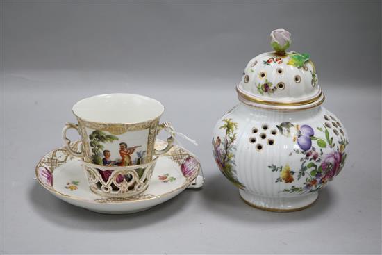 An Austrian chocolate cup, saucer and holder and pot pourri